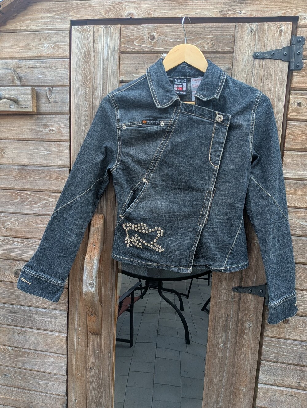 Vintage 90s Parasuco Washed Dark Indigo Denim Moto Jacket with Stud Accents